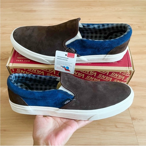 Vans Classic Slip-On Pig Suede Shoes 'Plaid Brown Navy' Mens 13.0 US - Picture 1 of 12